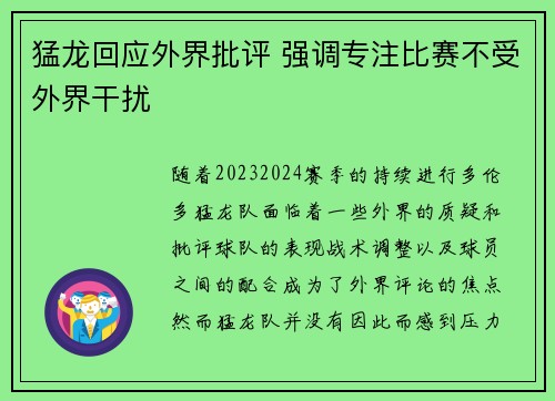 猛龙回应外界批评 强调专注比赛不受外界干扰